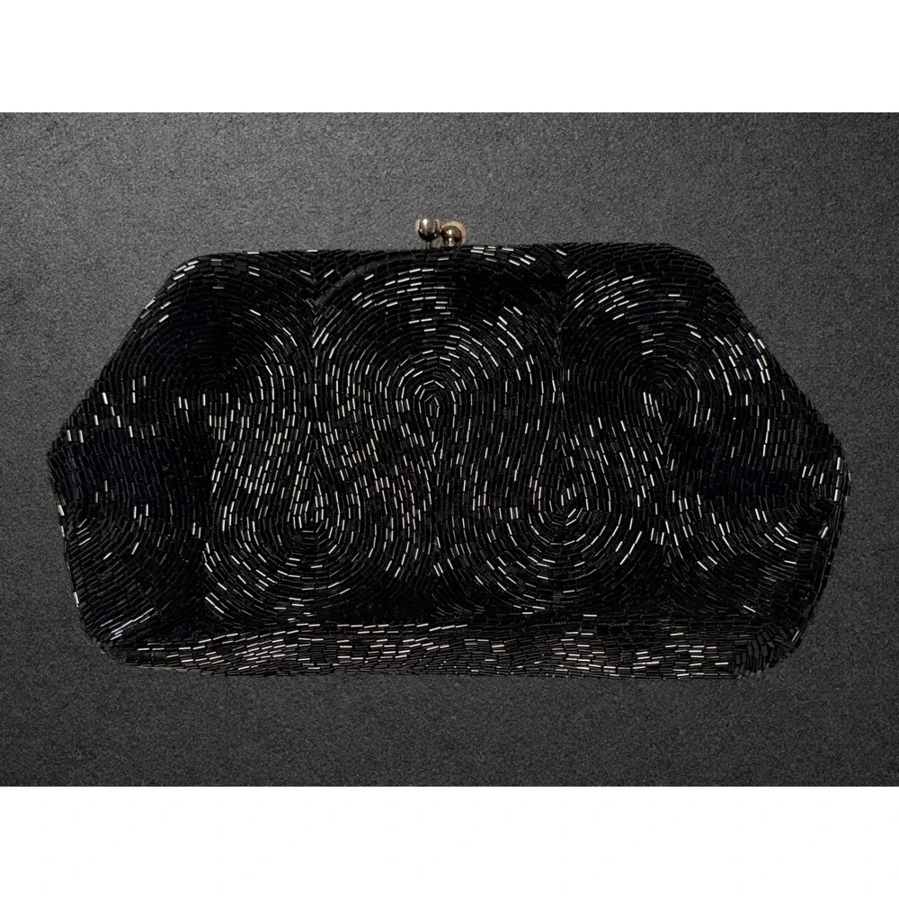 Magid Vintage Hand Beaded Clutch Black Silver Swirl Kiss Lock Evening Bag Japan